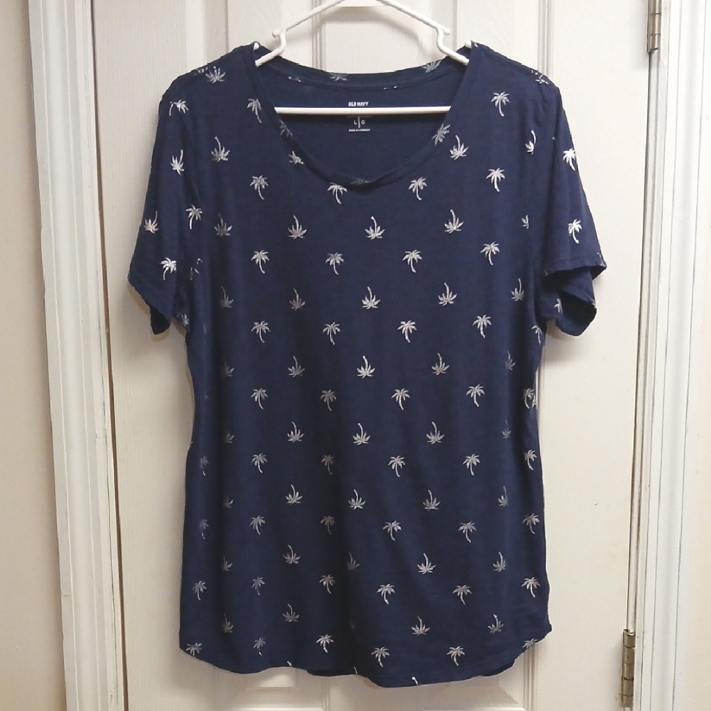 Old Navy Blue and White Glitter Palm Tree Relaxed Short Sleeve Tee Size L